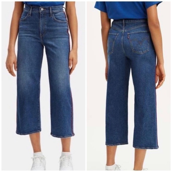 Levi’s Mile High Wide Leg Cropped Jeans with Red Stripe - Picture 1 of 12